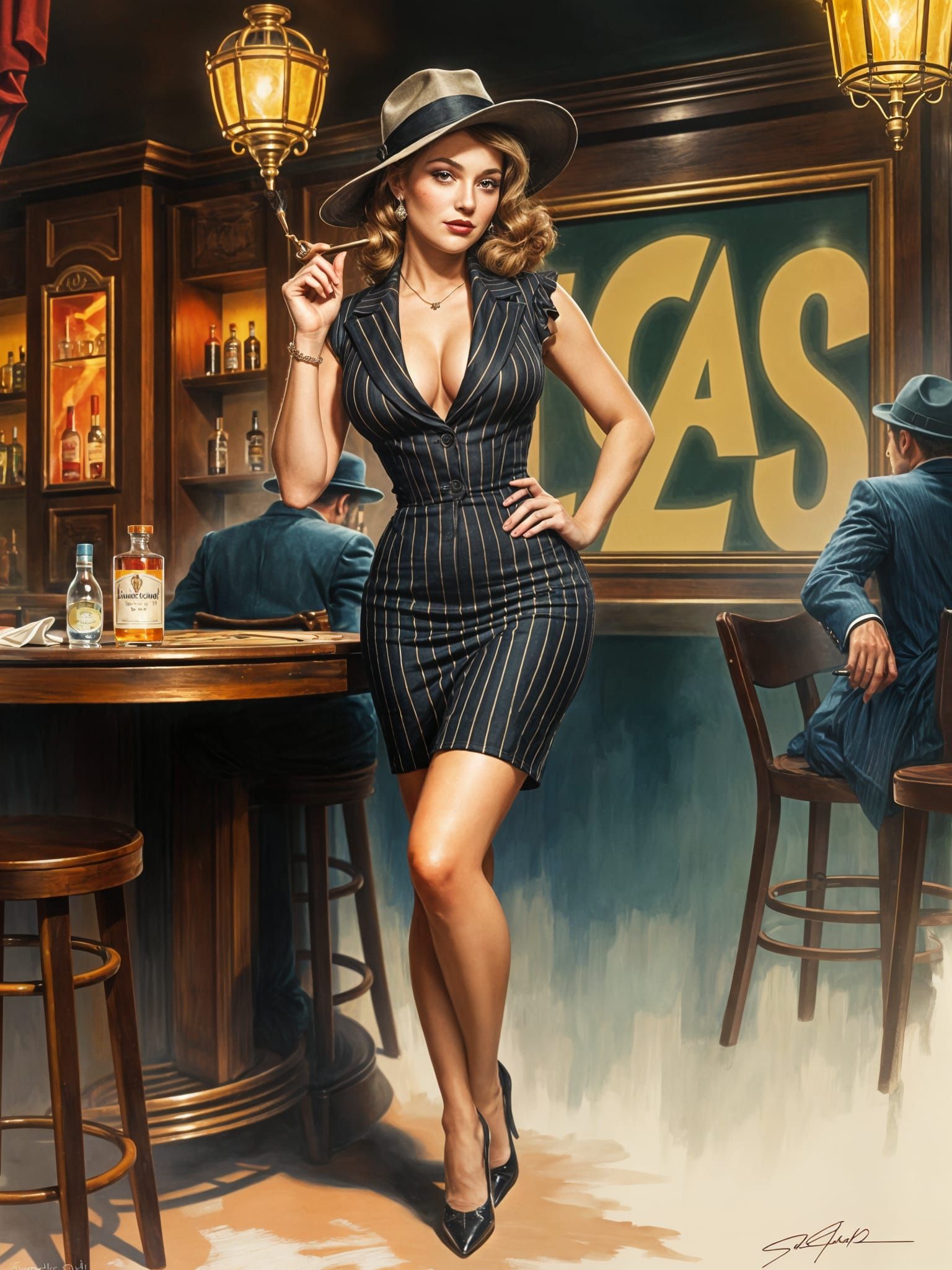 1930s Mafia Woman Smoking Cigar in Speakeasy