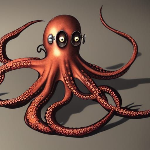 Giant Flying Steampunk Octopus in Hyperrealism