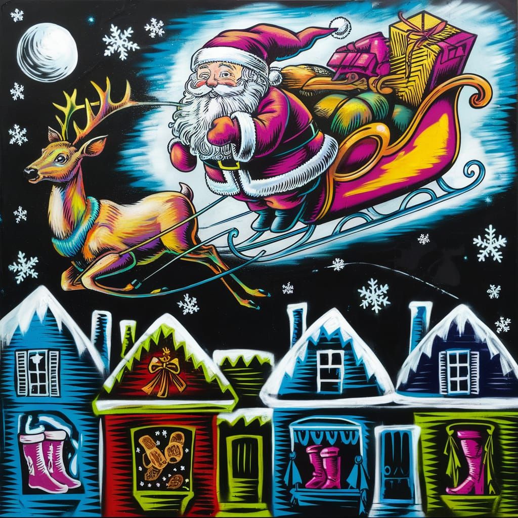 Santa Claus Sleigh Ride in Graffiti Art Style