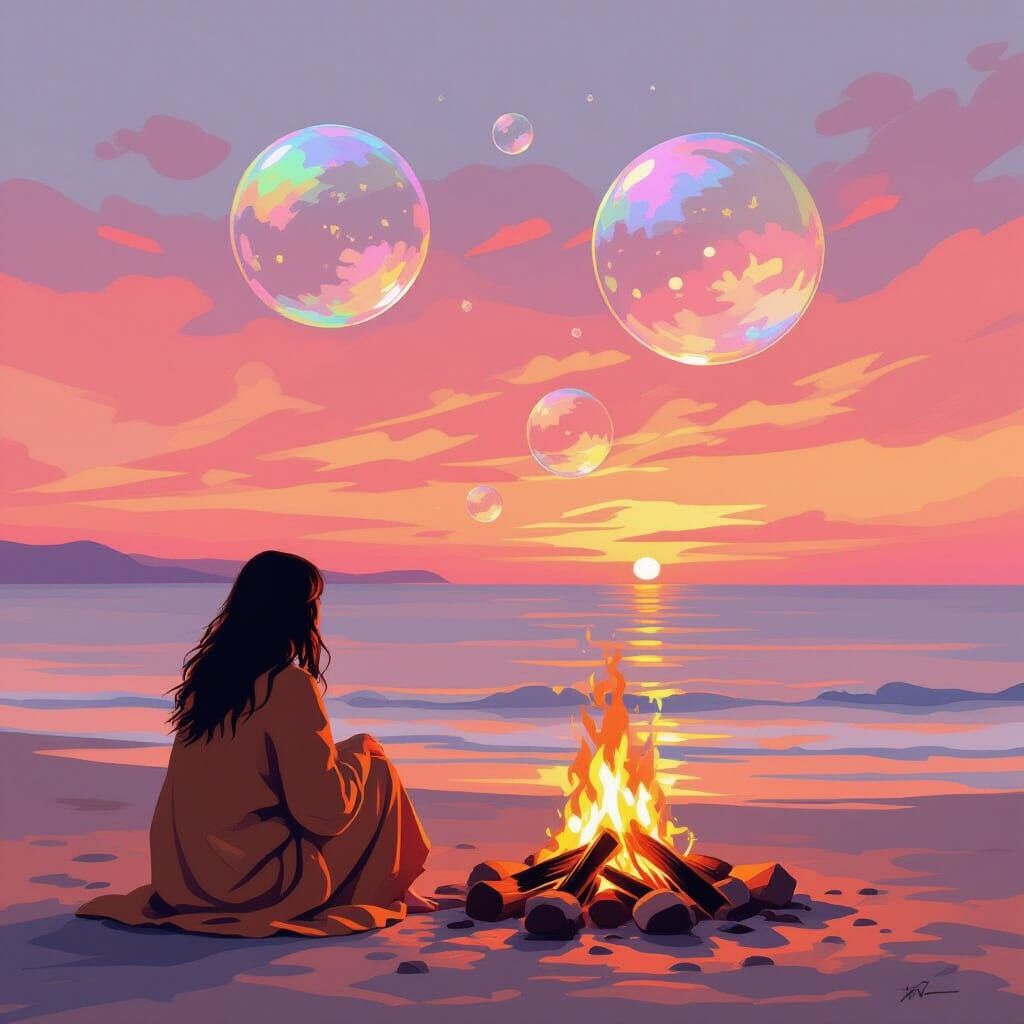 Twilight Beach Bonfire with Floating Bubbles
