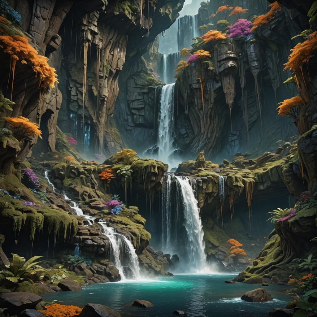 Alien Waterfall with Magical Elements: Dark Fantasy Art
