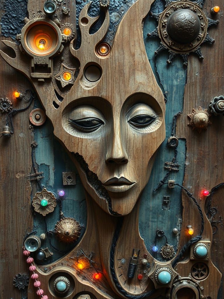 Surreal Wood-Carved Portrait with Dreamlike Details