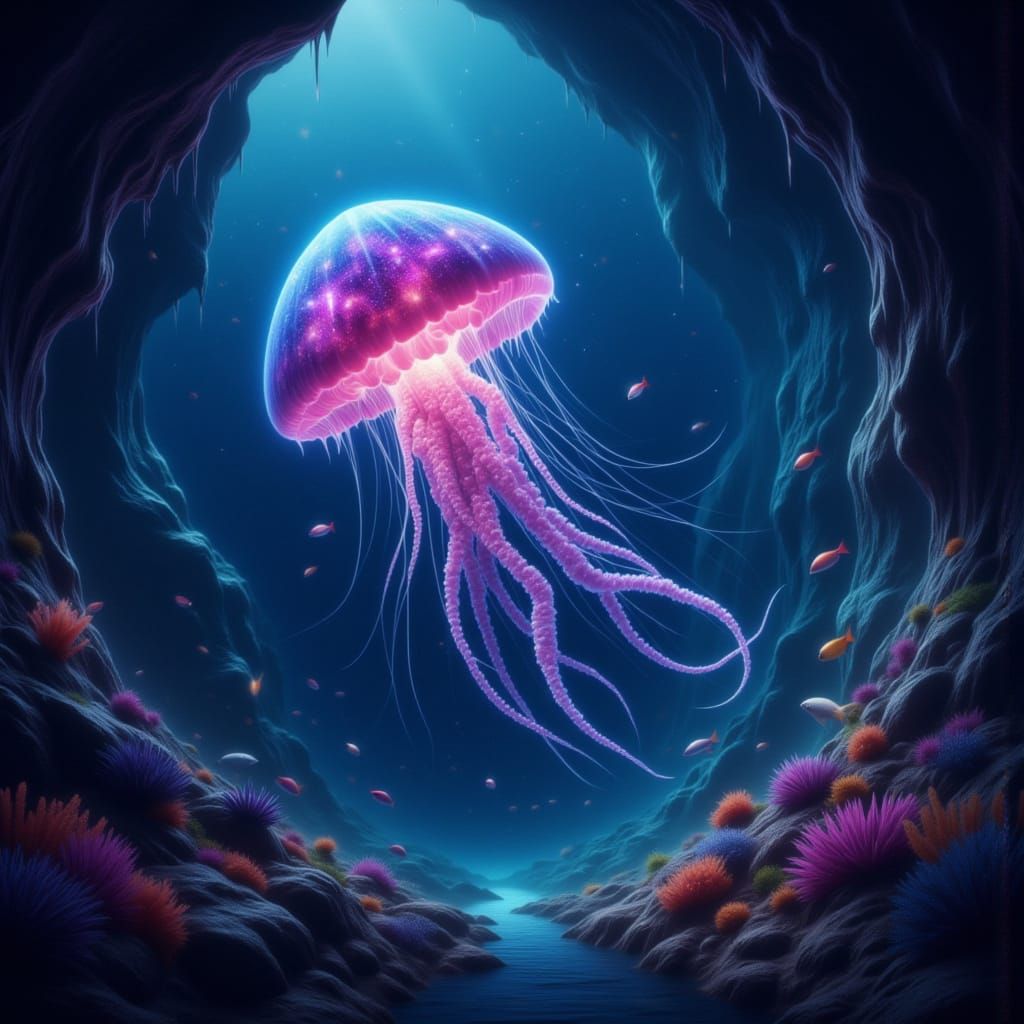 Bioluminescent Jellyfish Galaxy Drifting in Undersea Cave