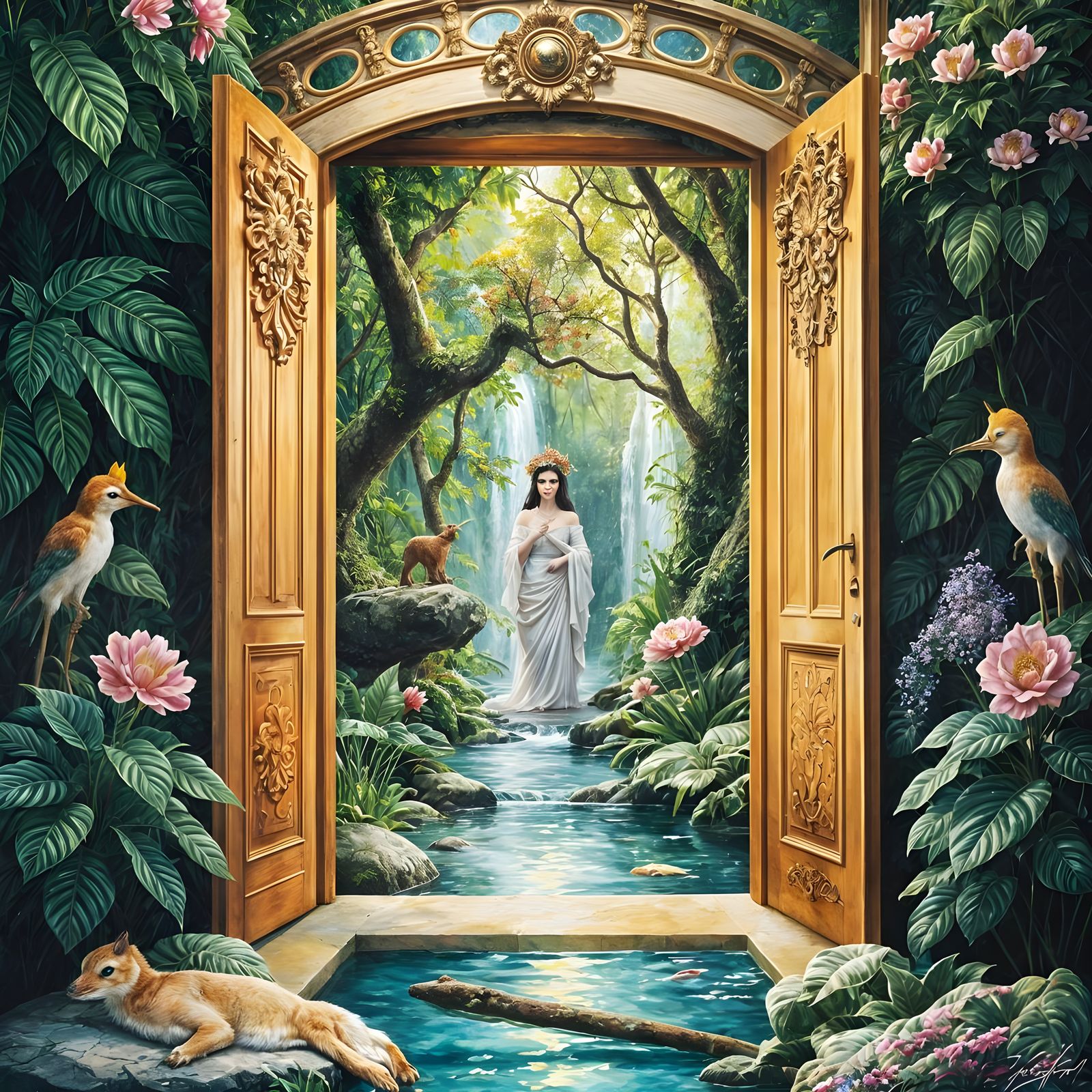 Rainforest Goddess Doorway in Impressionist Gouache Style