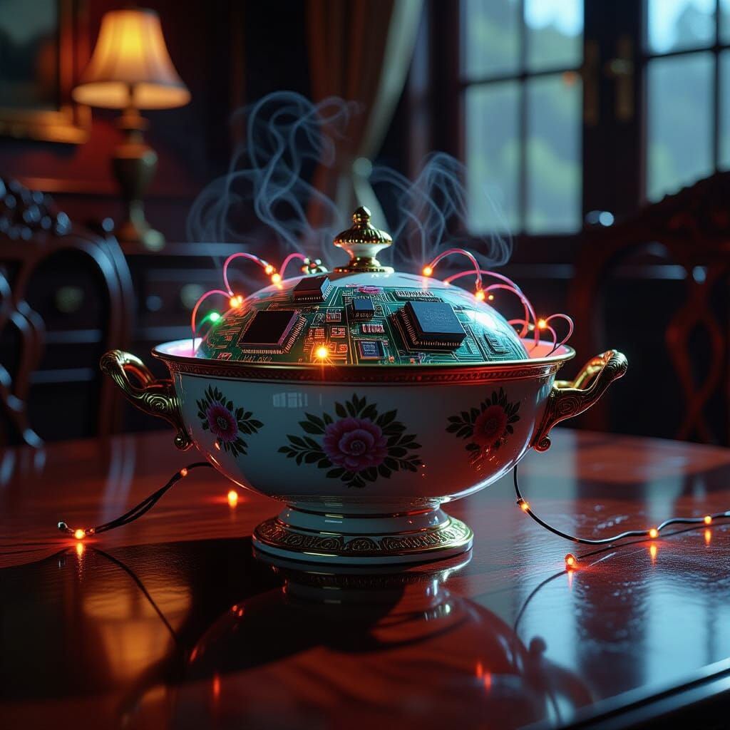 Glowing Circuit Boards Overflowing from Antique Tureen