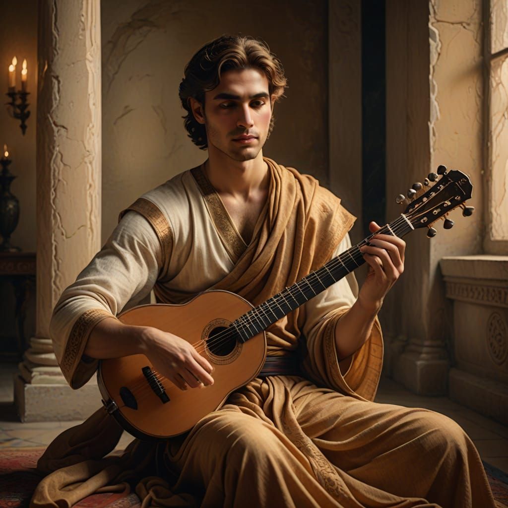 Prince aksh, a stunningly handsome and tall young Greek prince. he has fair skin and luscious long black hair, he sits c...