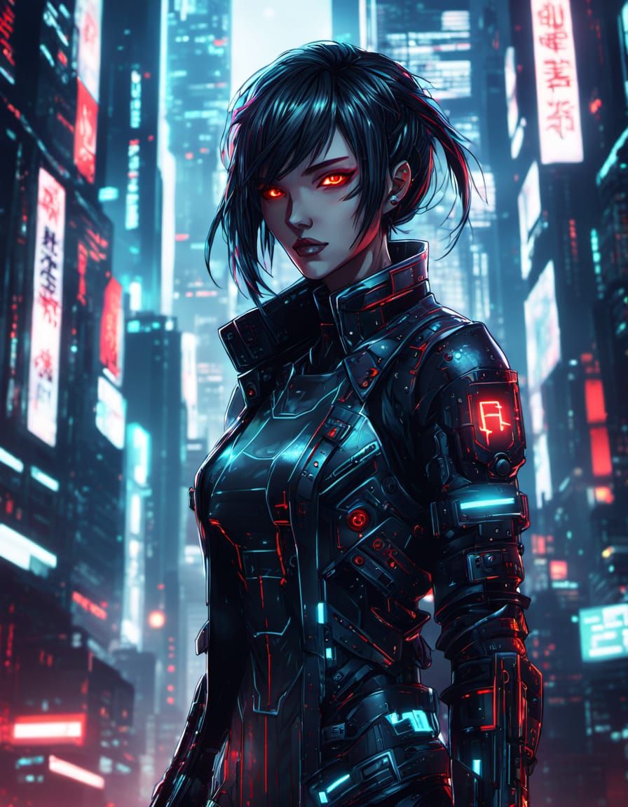 Cyberpunk Android with Red Eyes in Anime Style