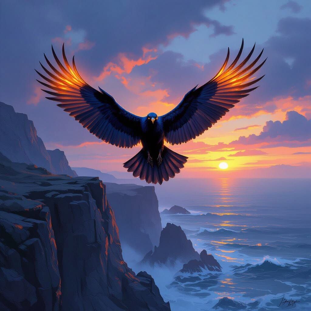 Ember Raven Soars Above Sea Cliffs at Twilight