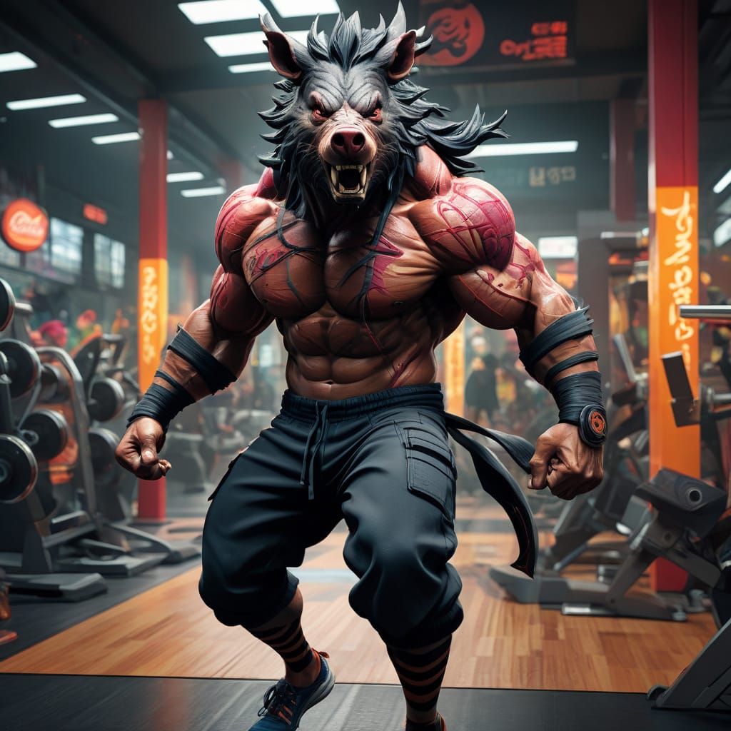 Naruto Style Boar Warrior in Neon Gym