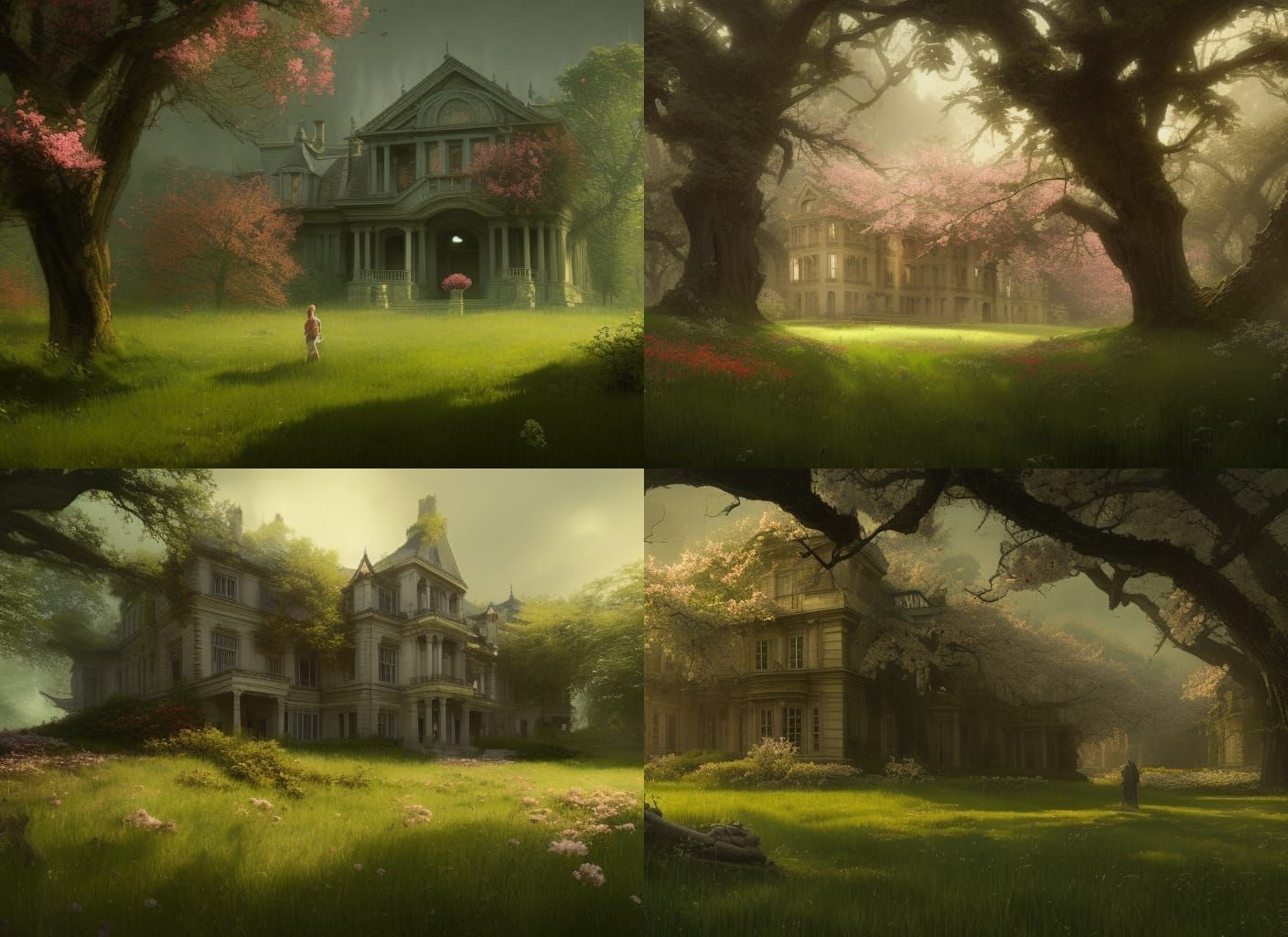 Blossom-Covered Mansion in Lush Meadow, Fantasy Art