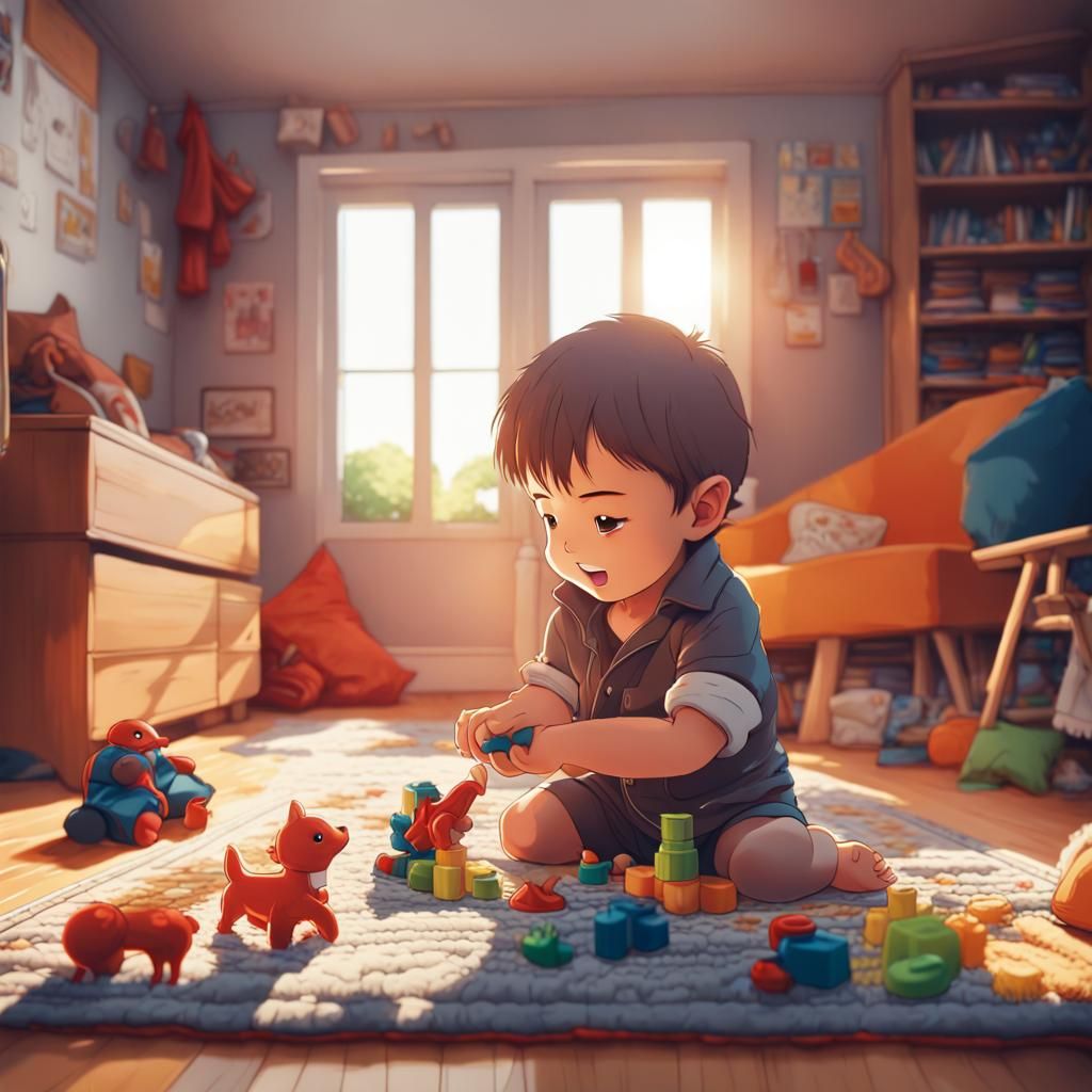 Toddler Playing with Toys in Anime Style