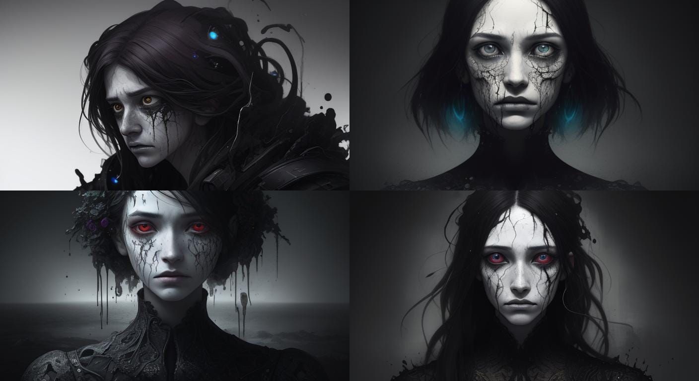 A surreal emotive portrait of a young woman who appears to b...