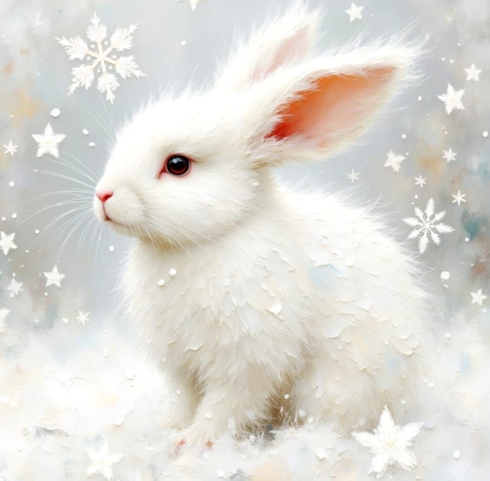 Dreamy Impasto Snow Scene with White Bunny
