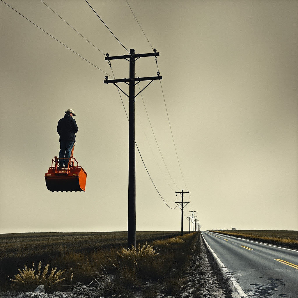 Linesman on Excavator Near Electric Pole