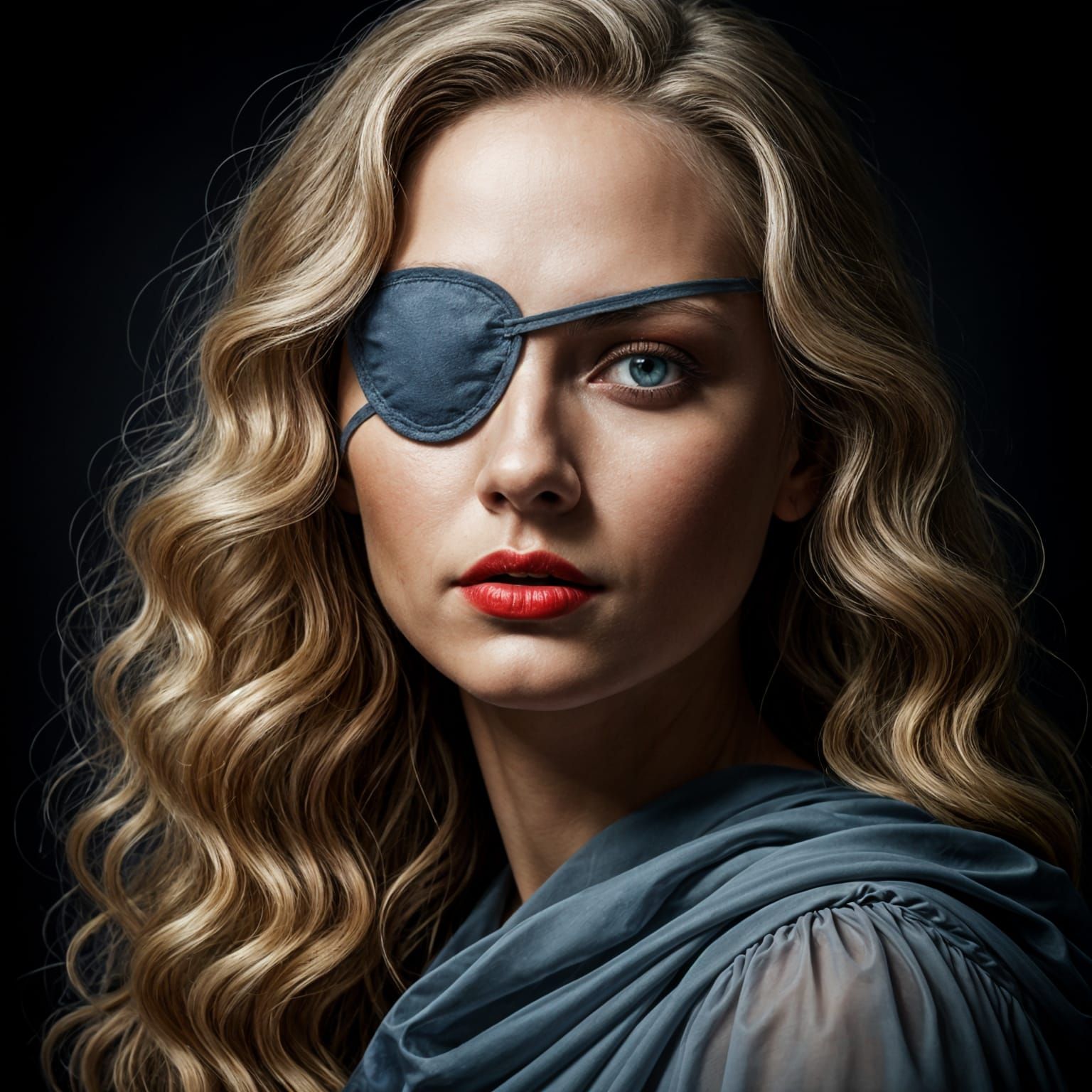 Chiaroscuro Portrait of a Blonde Woman in an Eyepatch
