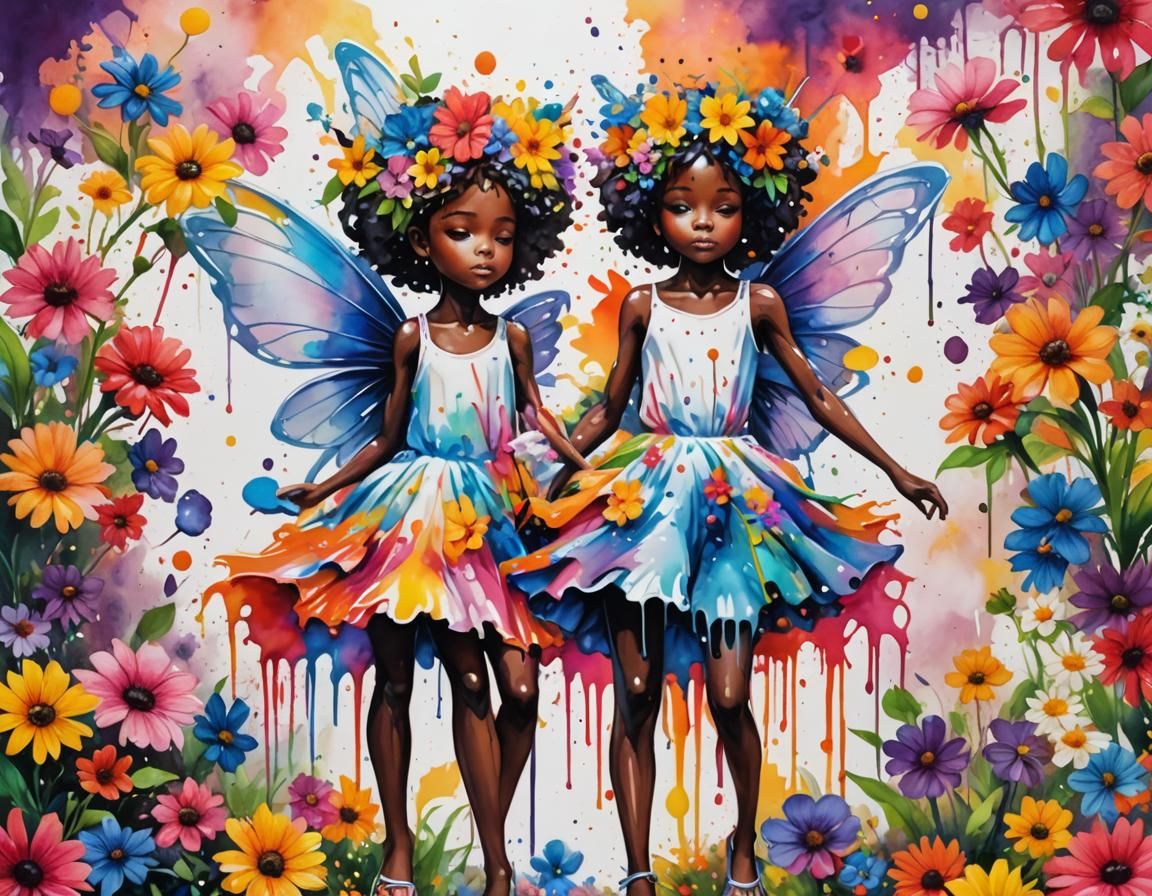 Melanin Fairy in Watercolor Graffiti Art Style