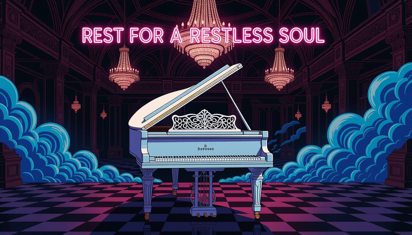 Grand Piano in Art Deco Ballroom with Neon Text