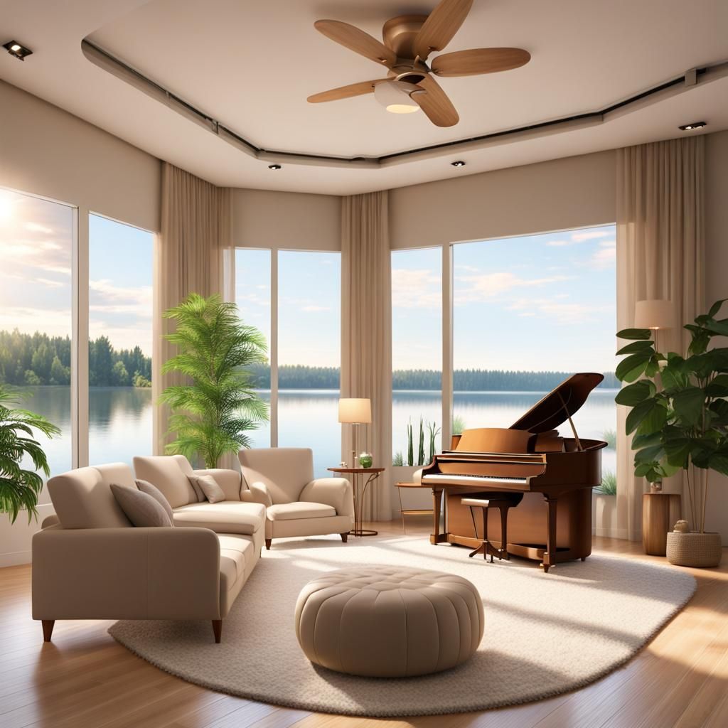 Cozy Lakeside Room with Instruments in 8K