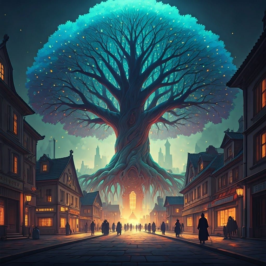 Majestic Tree in Town Center, Art Nouveau Style