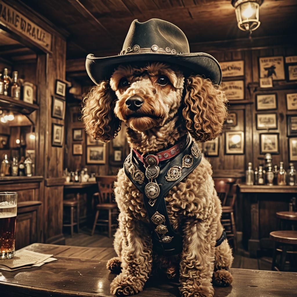 portrait fusion cowboy  poodle in an old western saloon