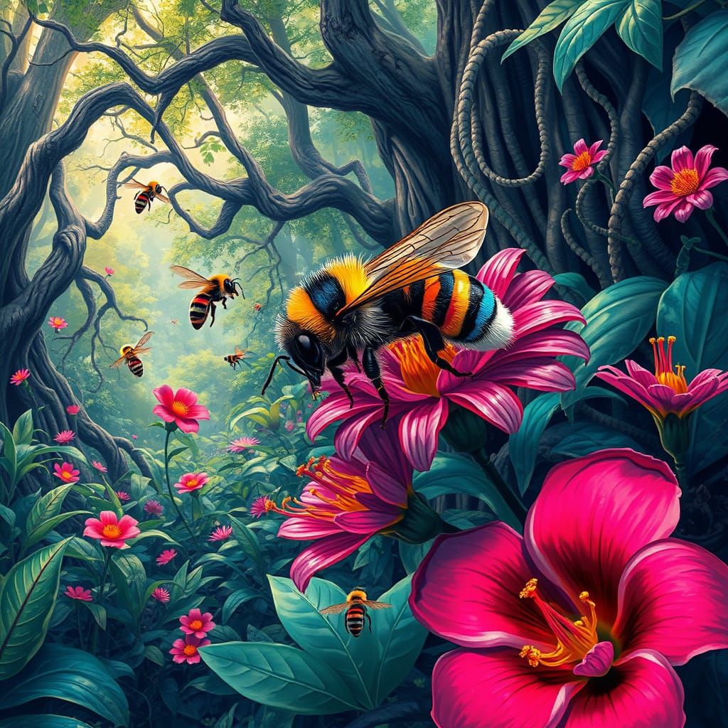 Vibrant Tropical Bees in Rainbow Striped Zebra Patterns