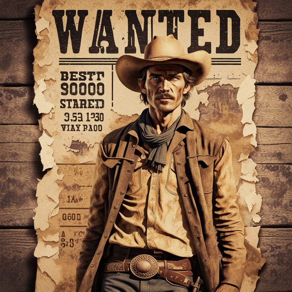 Vintage Western Wanted Poster of Rugged Cowboy