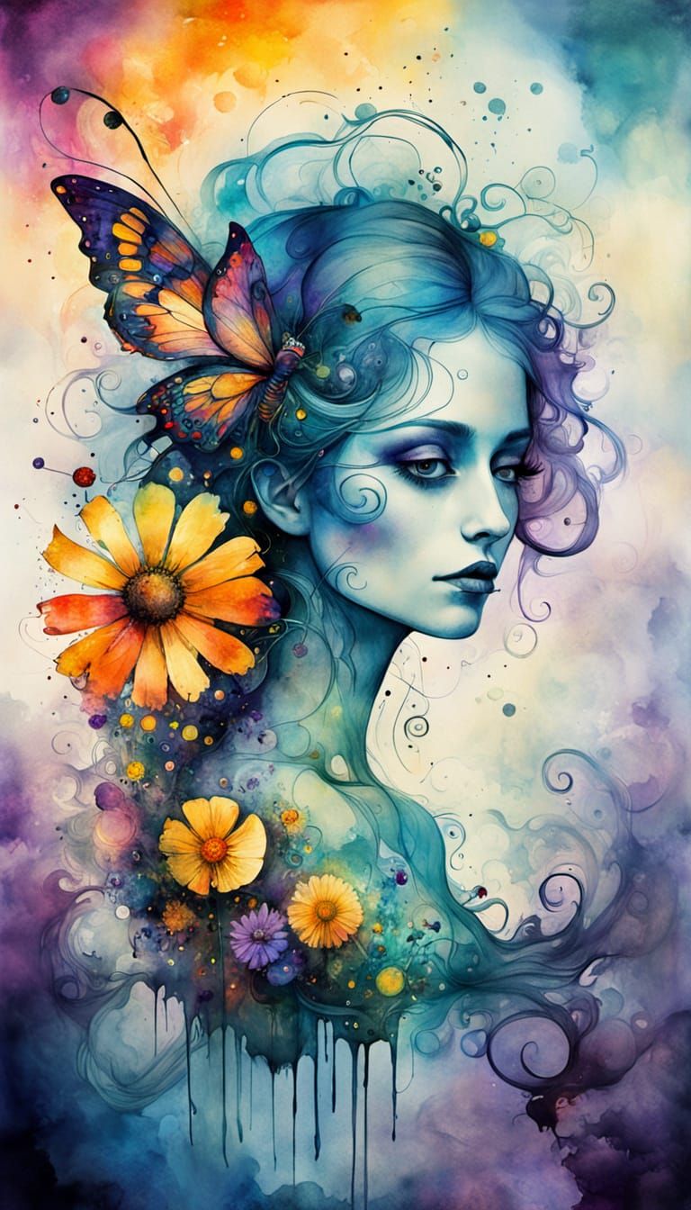 Whimsical Grunge Fairy Amidst Sunset Blooms