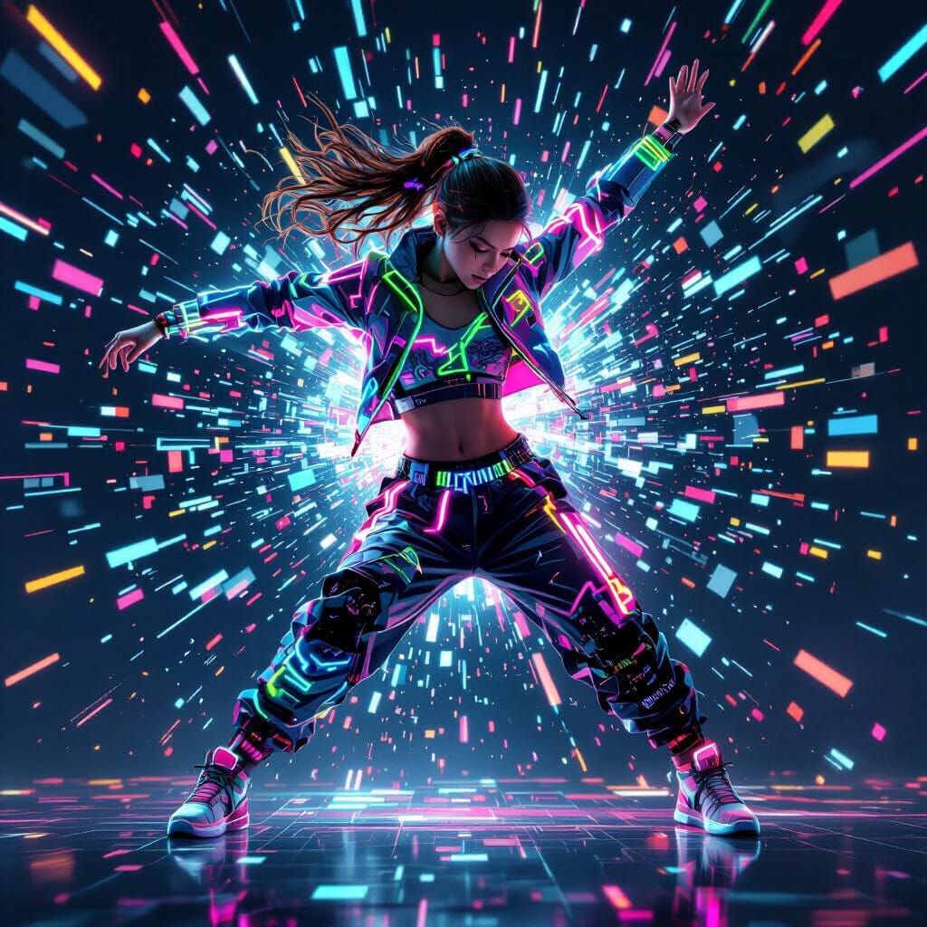 Cyberpunk Russian Girl Breakdancing with Digital Glitch Effe...