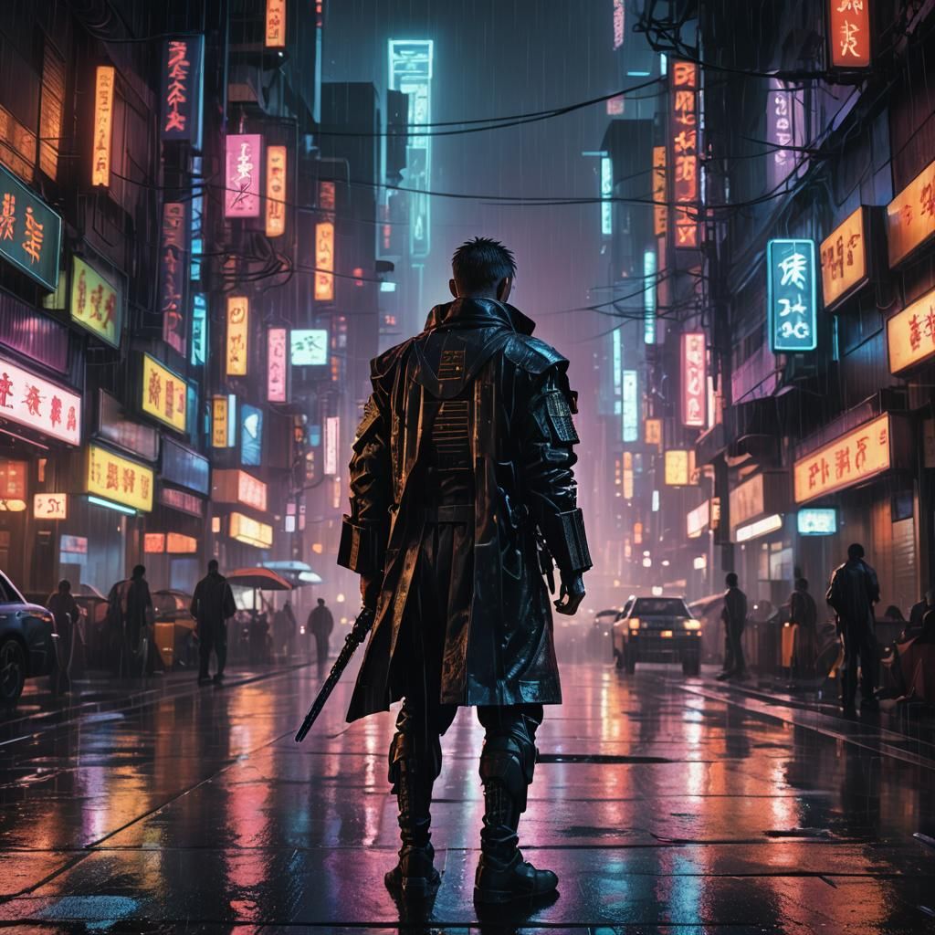 Cyberpunk Samurai in Rainy Neon Cityscape