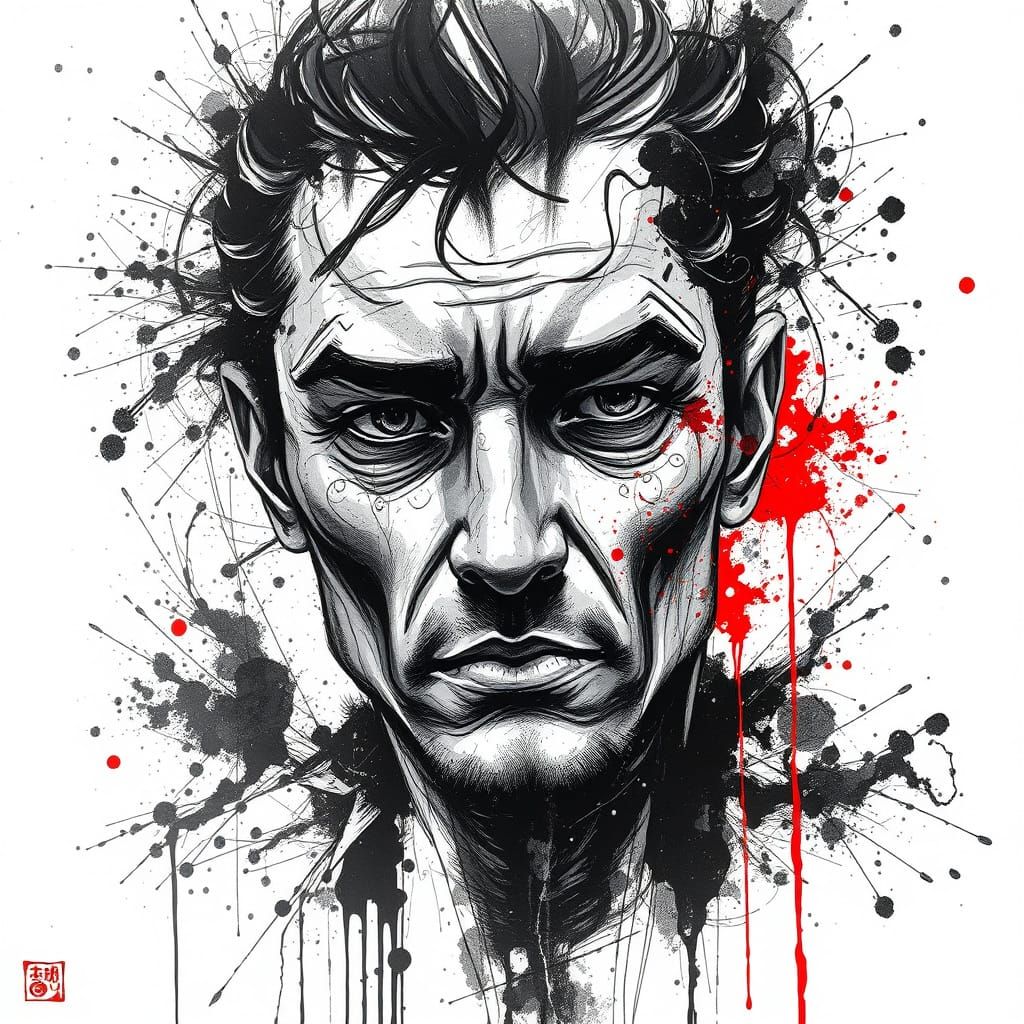 Monochrome Portrait with Splattered Ink and Red Accents