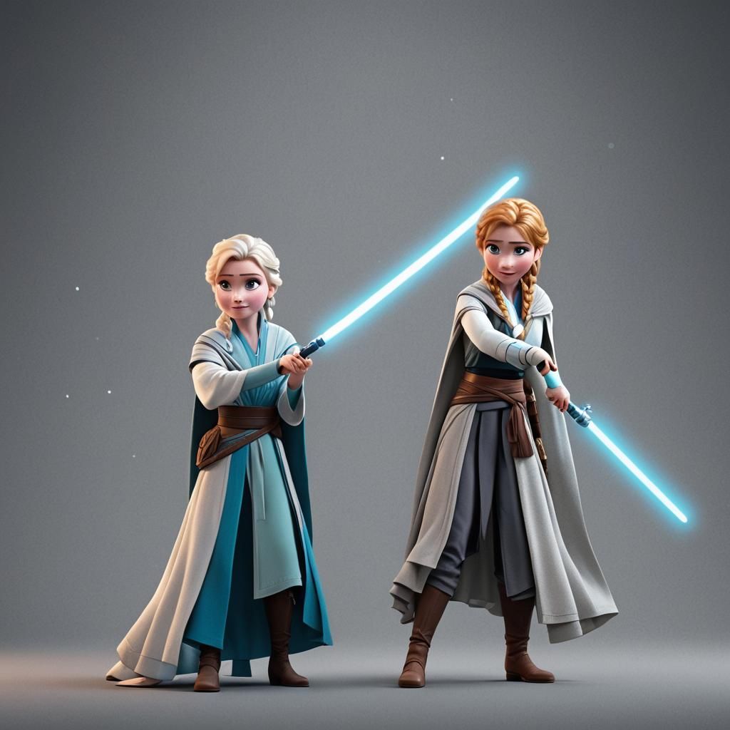 Anna and Elsa as Jedi in Pixar Style