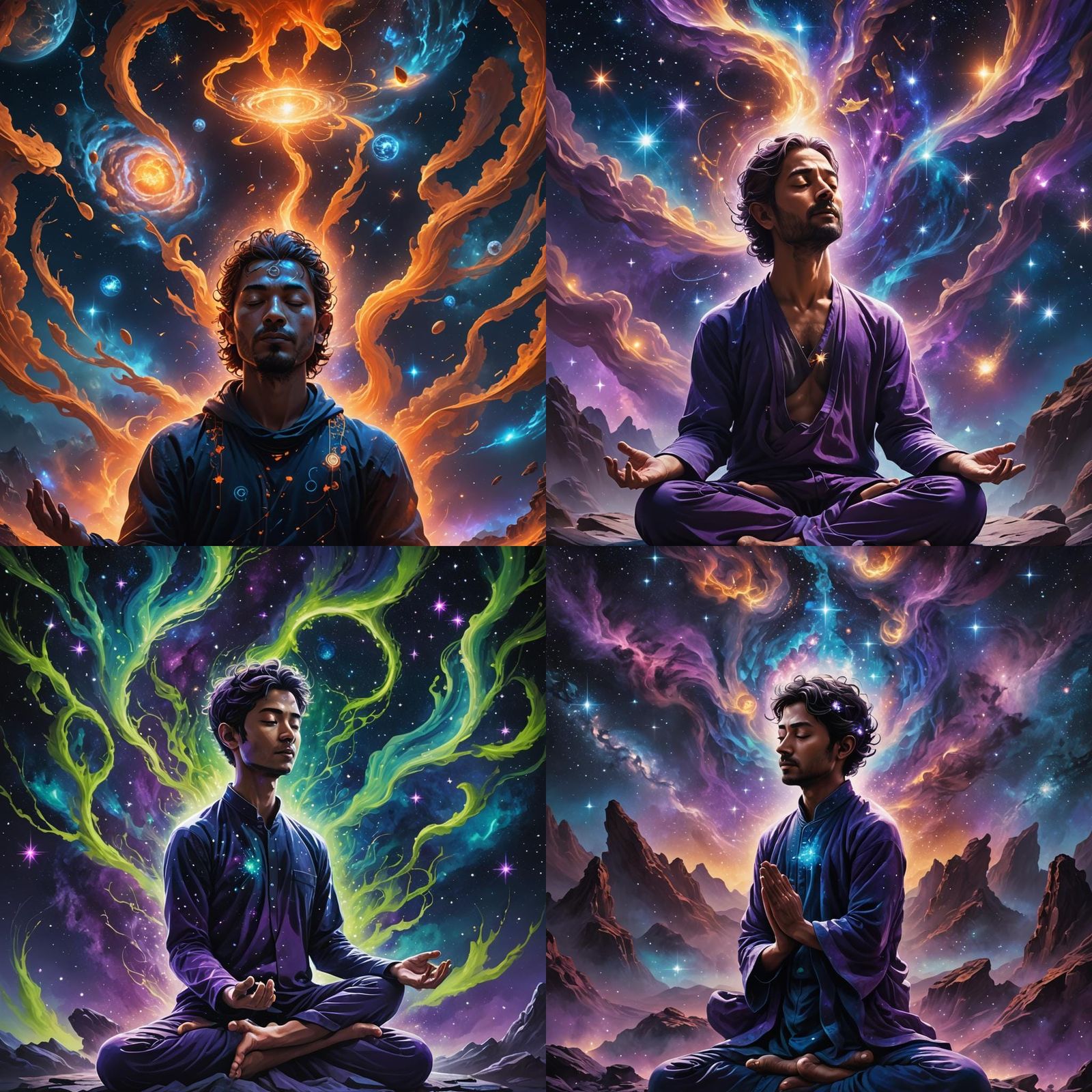 Meditating Silhouette Projecting Thoughts in Starry Space