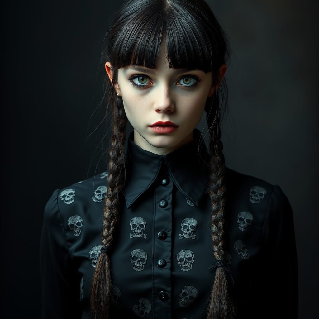 Hyperrealistic Portrait of Wednesday Addams