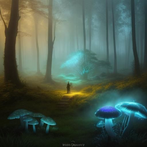 Mystical Forest with Glowing Mist in Ethereal Style