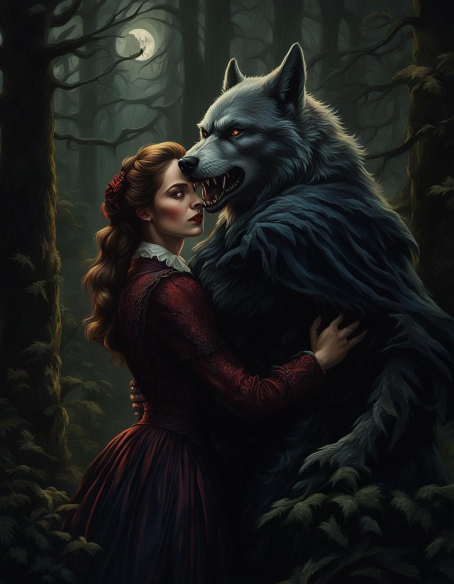 Victorian Woman Hugging Werewolf in Dark Forest