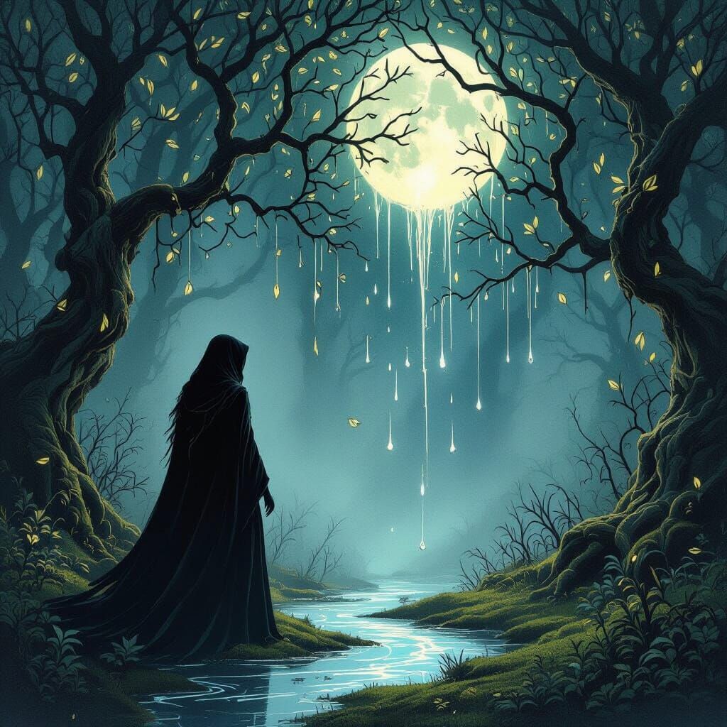 Solitary Witch in Bioluminescent Grove, Surrealist Ink Style