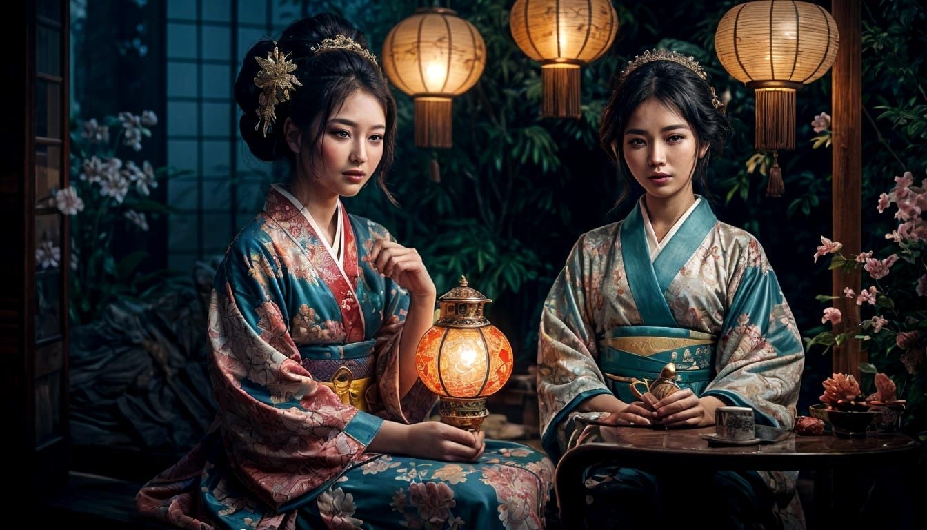 <lora:JapaneseWomanStyle:1.0> <lora:Beautiful Geisha:1.0> A beautiful Asian woman in traditional kimono holds a magical ...