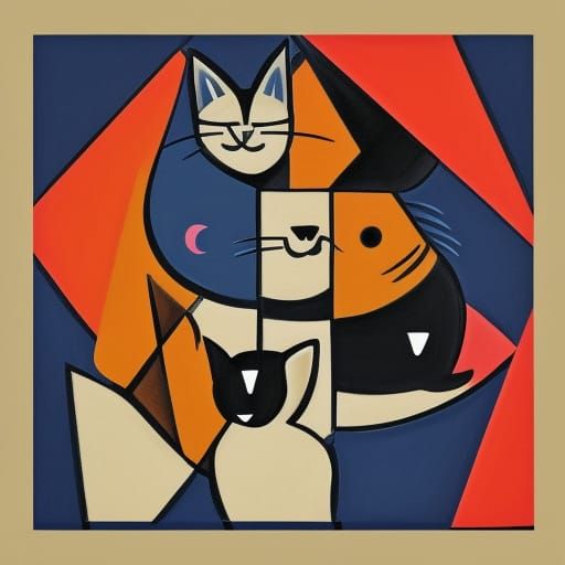 Cubist Puppy and Cat Geometric Painting
