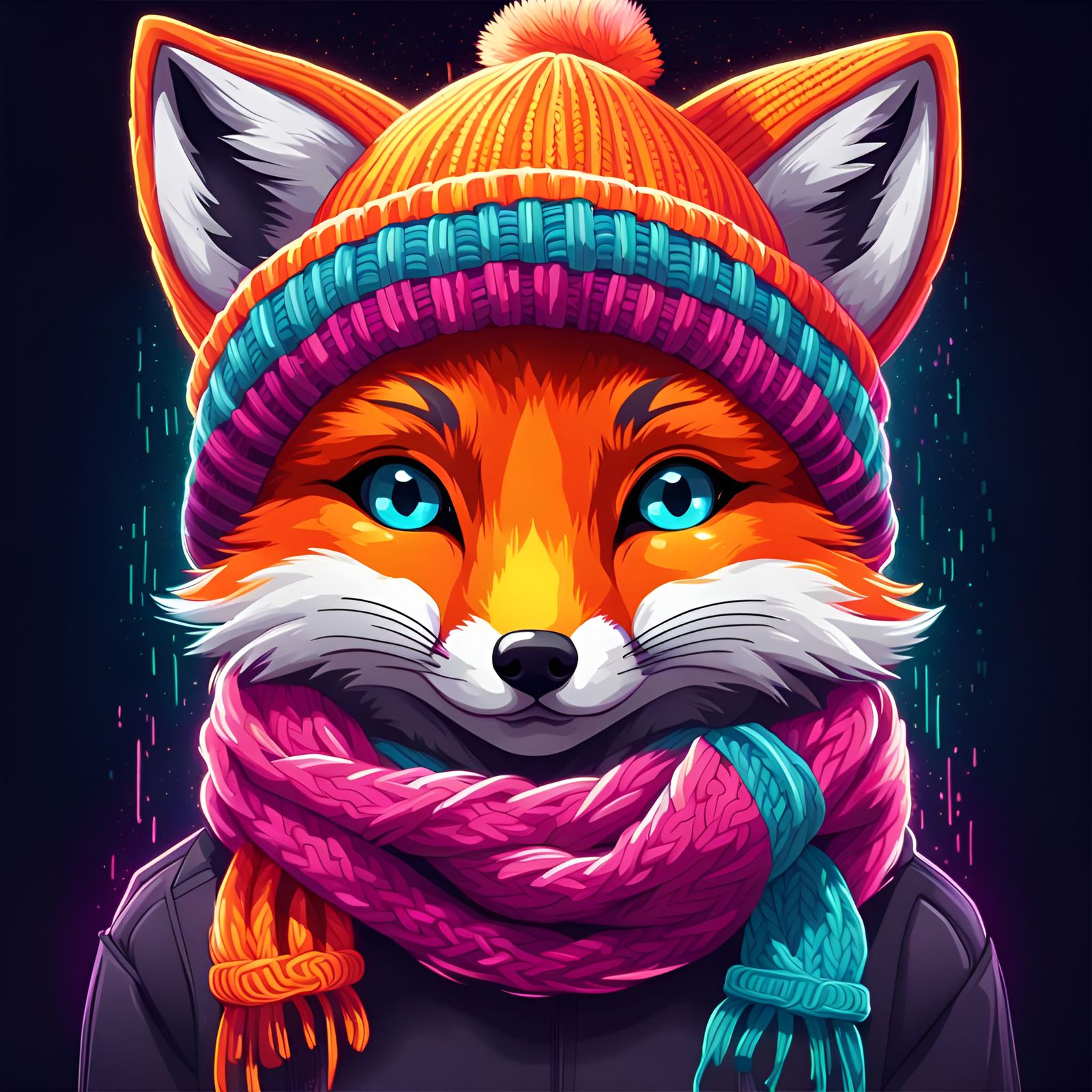 Cute Fox with Neon Ribbon in Pixel Art Style