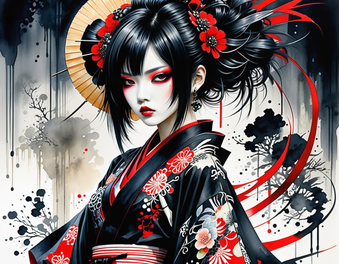 Deconstructed Punk Kimono in Watercolor Style