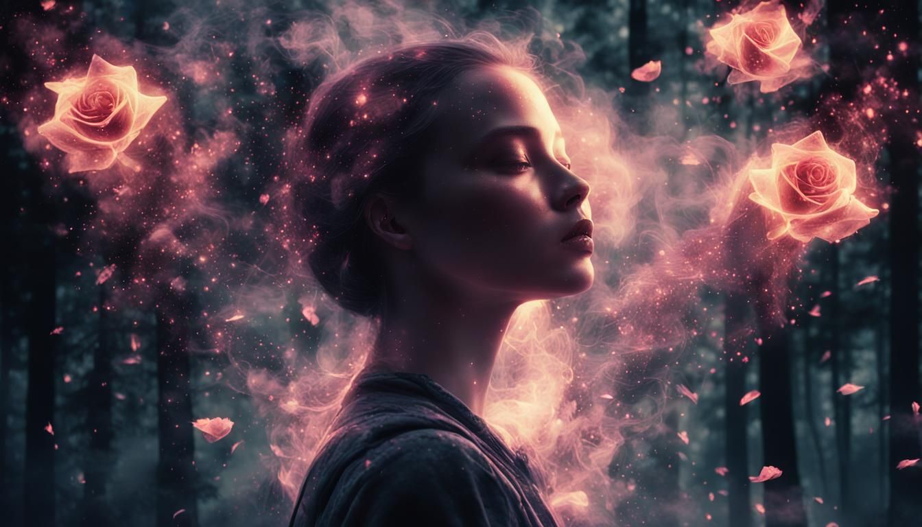 Ethereal Girl in Forest with Smoke Rose, Pixel Graphics