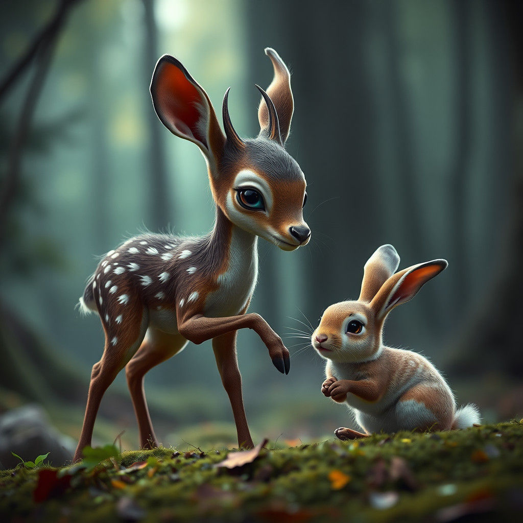 Deer and Rabbit Playing in Forest: Detailed Matte Painting