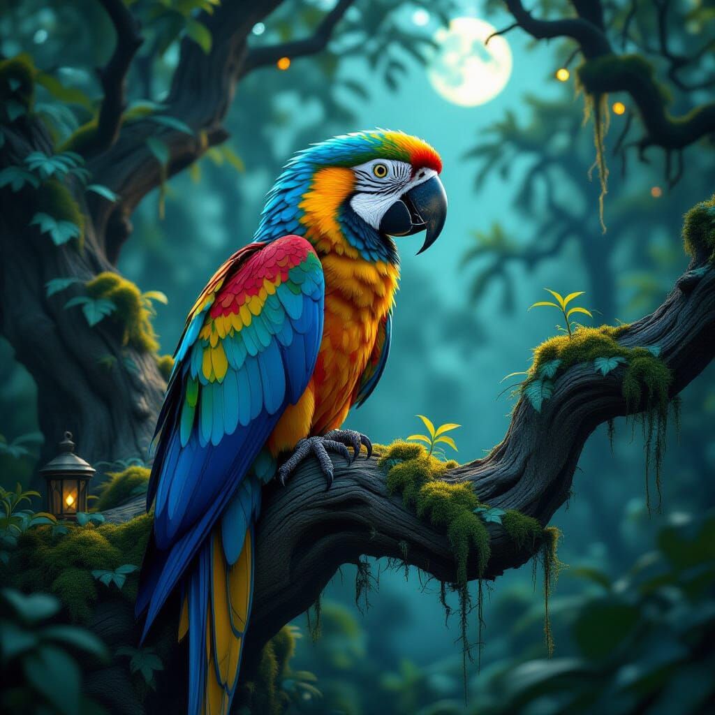 Macaw with Stained Glass Feathers on Ancient Tree in Enchant...
