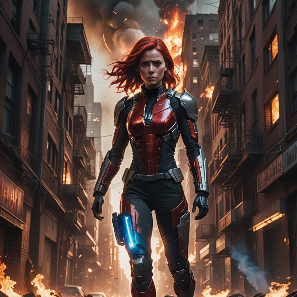 Female Spy Over Burning City: Cinematic Film Still