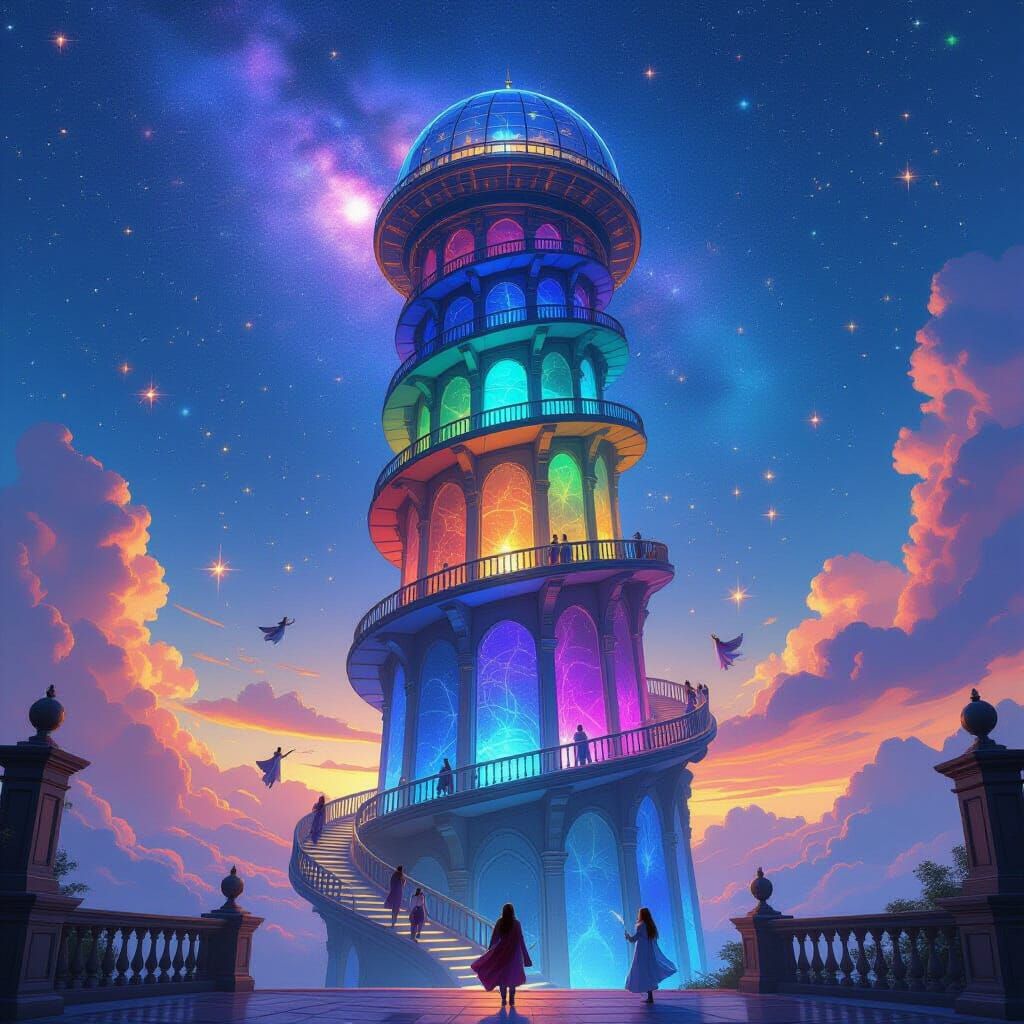 Magical Tower Spiraling into Starry Sky