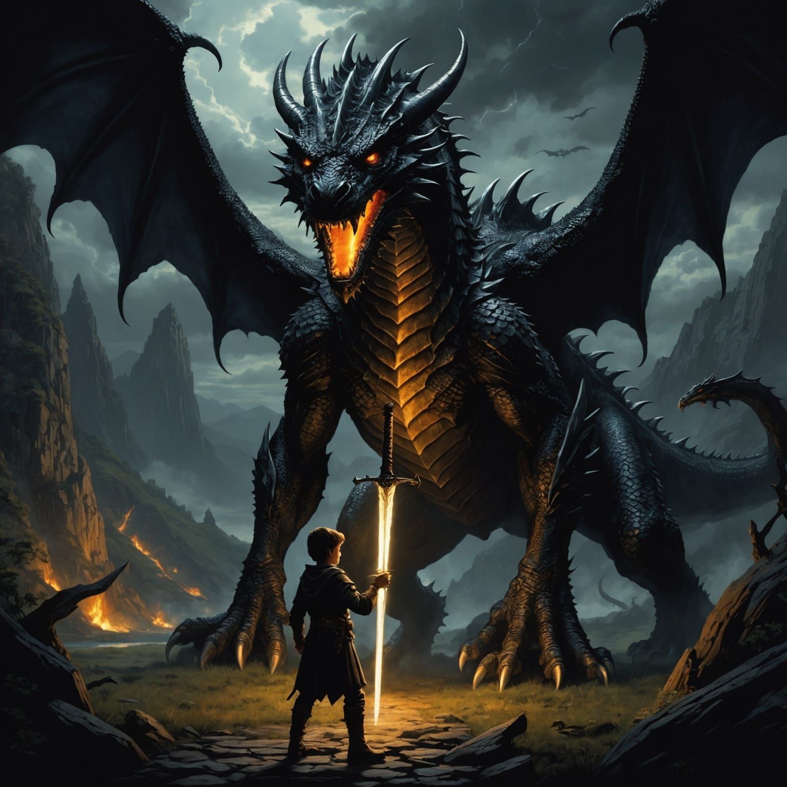 Boy with Glowing Sword Confronts Black Dragon