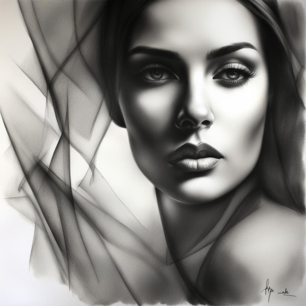 Elegant Woman in Charcoal Double Exposure Drawing