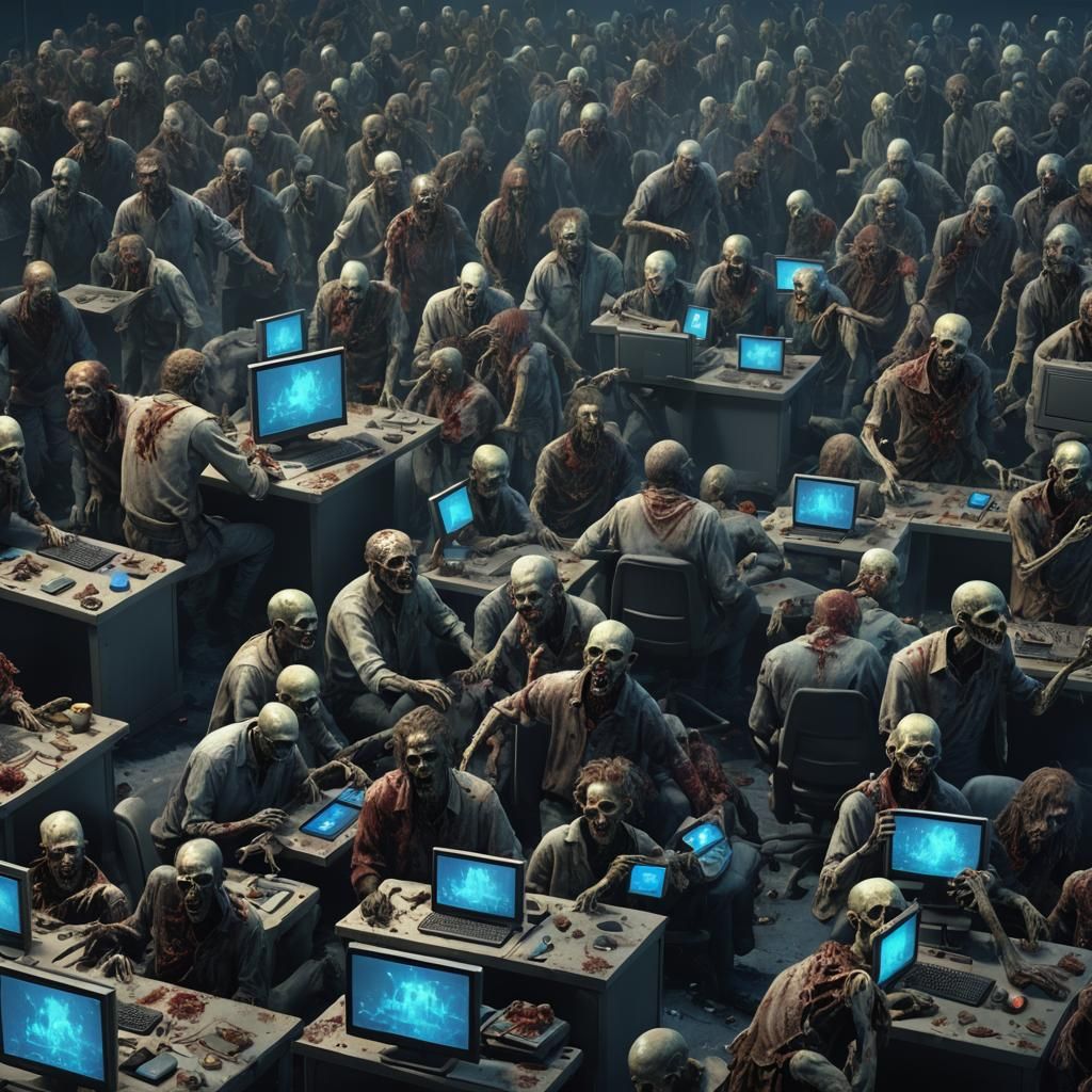 room full of zombies on a computer with a blank blue screen