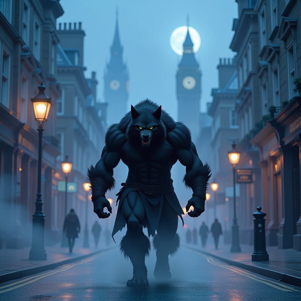 Werewolf Roams Foggy London Night: Dark Fantasy Art