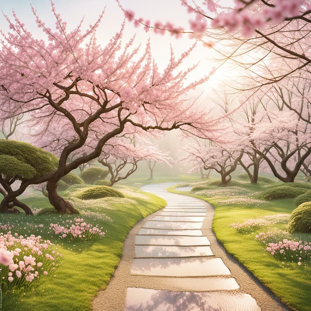 Japanese Garden with Cherry Blossoms in Impressionist Style